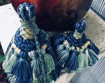 Tassels Made in Italy, Cotton Tassels, in Shades of Blue, Teal, Creamy Yellow