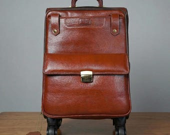 Valise de cabine de luxe en cuir pleine fleur - Bagage en cuir vintage fait main avec roulettes 360