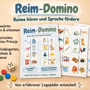 Puede incluir: Un juego educativo Reim-Domino que incluye tres hojas impresas con ilustraciones en acuarela de varios objetos, un dado de seis caras y cuatro fichas circulares pequeñas en rojo, azul, verde y amarillo. Las hojas contienen texto en alemán.