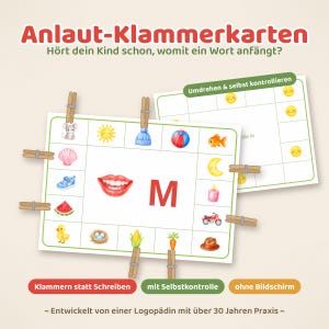 Puede incluir: Tarjetas educativas tituladas Anlaut-Klammerkarten con una letra M grande, una ilustración de una boca y varias imágenes pequeñas como un ratón, sol, gorro, pelota, pez, luna, vela, motocicleta, sombrero, zanahoria, maíz, nido, pato, sandía, zapato y concha.