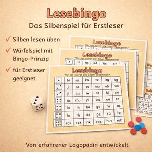 Puede incluir: Un juego de Lesebingo para primeros lectores. La imagen muestra tarjetas de bingo con sílabas, un dado y marcadores rojos y azules. El juego está diseñado para ayudar a los niños a practicar la lectura de sílabas.