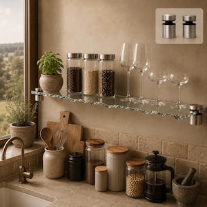May include: A clear glass shelf with a textured, uneven front edge, mounted to the wall with two cylindrical silver metal standoffs. The shelf holds three glass jars filled with spices and four stemmed glasses of varying shapes and sizes.