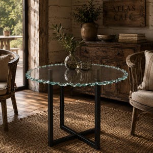Puede incluir: Una mesa redonda con una superficie de cristal transparente de borde texturizado y dentado, con una base de metal negro en forma de X. La mesa se sitúa en una estancia con paredes de madera, una alfombra de yute y dos sillas de madera con cojines.