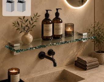 Estante de vidrio transparente con soportes cuadrados de níquel — Estante flotante de pared, hecho a mano