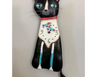 Zegar ścienny wahadłowy Vtg Allen Designs Studio Collection Tuxedo Cat z żywicy