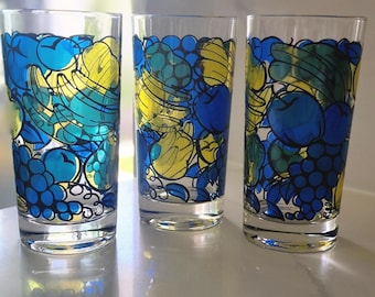 Vintage 1970's Libbey Fruit Pattern Stained Glass Glasses  Set of 3