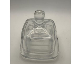 Vtg Clear Glass Square Butter Dish Domed Lid Ball Finial Handle 2-Piece Set 4"
