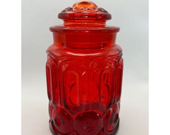 Vintage L.E. Smith Moon and Star Amberina Red Glass Canister Jar with Lid MCM