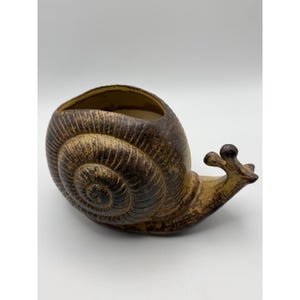 May include: A ceramic snail-shaped planter featuring a textured, dark brown and tan mottled finish. The shell forms a deep, hollow opening for plants, while the snail head extends forward with two distinct eye stalks, all in a glazed finish.