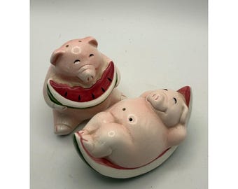 Vintage Clay Art Pink Pigs with Watermelon Ceramic Salt and Pepper Shaker Set