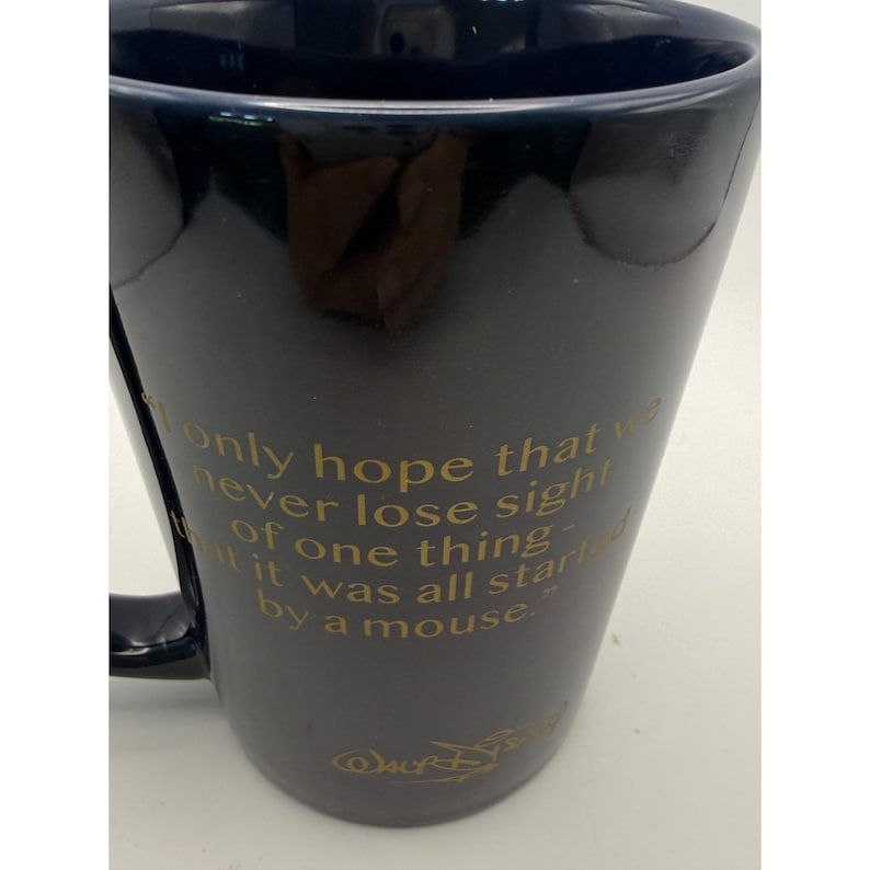 Vtg Disney Parks Partners Statue Walt Disney Mickey Mouse Navy Gold Quote Mug image 4