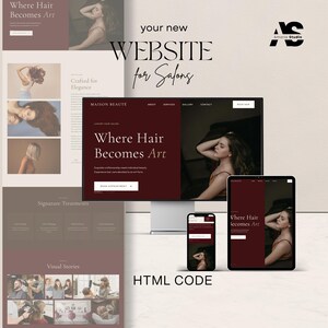 Könnte beinhalten: Ein Website-Design-Konzept für Salons, das auf einem Computermonitor, Tablet und Smartphone angezeigt wird. Das Design zeigt eine burgunderfarbene und neutrale Farbpalette mit dem Text "Where Hair Becomes Art". Das Design ist modern und elegant.