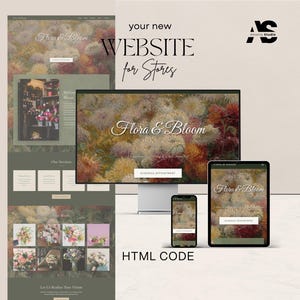 Może przedstawiać: Koncepcja projektu strony internetowej dla kwiaciarni, "Flora & Bloom", wyświetlana na monitorze komputera, tablecie i smartfonie. Projekt zawiera kwiatowe tło, tekst "your new WEBSITE for Stores" oraz słowa "HTML CODE".
