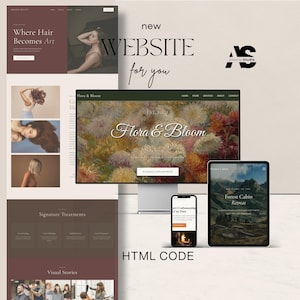 May include: A promotional image showcasing website design examples on a desktop monitor, tablet, and smartphone. The websites feature floral and nature themes, with the text "new WEBSITE for you" and "HTML CODE". The Amoria Studio logo is also visible.