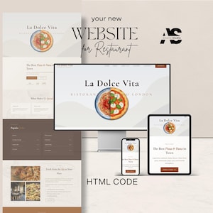 Op de afbeelding: Een website-ontwerpconcept voor een restaurant, met een pizza- en pastathema. Het ontwerp wordt weergegeven op een computermonitor, tablet en smartphone. De tekst bevat "La Dolce Vita" en "The Best Pizza & Pasta in Town."