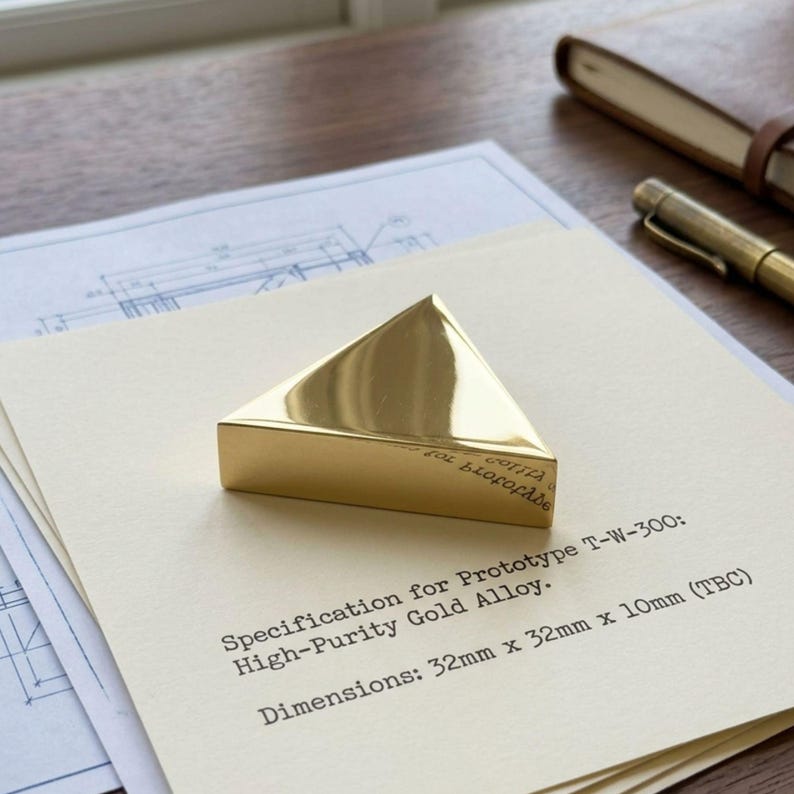 K&ouml;nnte beinhalten: Ein goldfarbenes, dreieckiges Objekt aus einer hochreinen Goldlegierung liegt auf cremefarbenem Papier. Der Text lautet: "Specification for Prototype T-W-300: High-Purity Gold Alloy. Ma&szlig;e: 32mm x 32mm x 10mm (TBC)". Im Hintergrund ein Stift und Notizbuch.