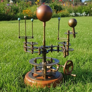 Antique Brass Orrery Solar System Model – Mechanical Planetarium, Marble Planets, Wood Base