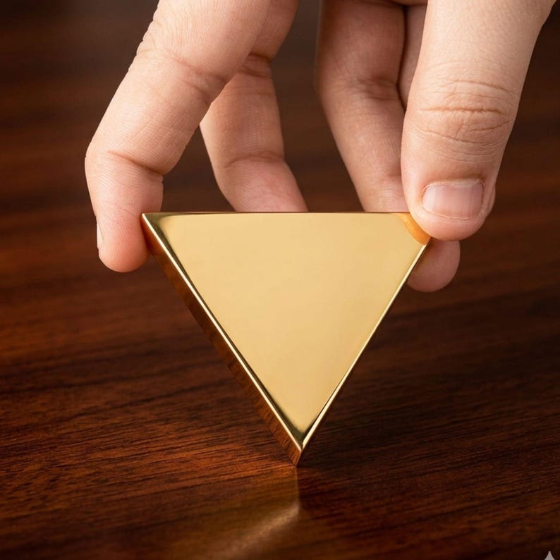 K&ouml;nnte beinhalten: Ein goldfarbenes, dreieckiges Objekt mit polierter Oberfl&auml;che. Das Objekt wird zwischen zwei Fingern gehalten. Die Kanten des Dreiecks sind abgeschr&auml;gt und die Oberfl&auml;che reflektiert Licht. Das Objekt liegt auf einer dunklen Holzoberfl&auml;che.