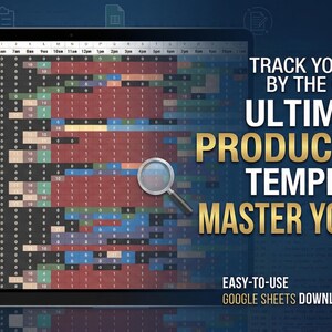 May include: A laptop screen shows a colourful productivity template with a magnifying glass. Text reads "Track Your Day By The Hour, Ultimate Productivity Template, Master Your Time." It is a Google Sheets download.