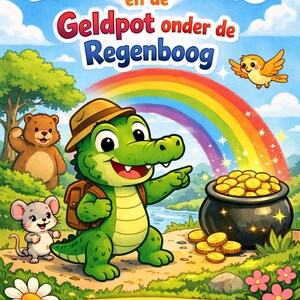 May include: A colourful children's book illustration. It depicts a green crocodile with a backpack, pointing towards a pot of gold at the end of a rainbow. A bear, mouse, and bird are also present. The title reads "Krokodil Kiko en de Geldpot onder de Regenboog."