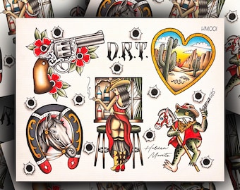 May include: A collection of vintage-style tattoo flash art featuring Western themes. Designs include a revolver with red flowers, a heart-shaped desert scene, a horse in a horseshoe, and a cowgirl smoking. The text "D.R.T." is also present.