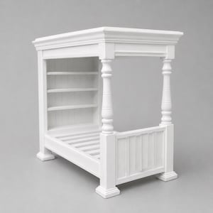 May include: A white miniature four-poster bed frame featuring a slatted base, a headboard with three integrated horizontal shelves, and four decorative turned posts. The structure is finished in a solid matte white paint with a classic design.