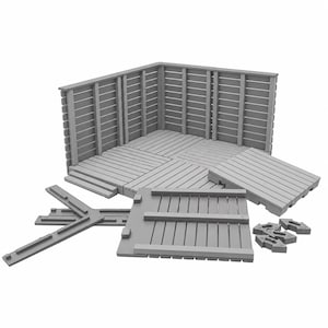 Può includere: Un set espositivo modulare grigio composto da pannelli per pavimenti a incastro e sezioni di parete verticali. Il kit include diverse piattaforme rettangolari a doghe, un pezzo di collegamento a Y e piccoli componenti a forma di freccia.