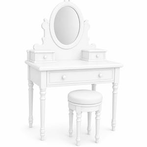 May include: A white vanity set with an oval mirror, two small side drawers, and a larger central drawer. The set includes a matching round stool. The furniture has a classic design with turned legs and a clean, bright aesthetic.