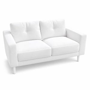 May include: A white two-seater sofa with a contemporary design. The sofa has a tufted back and seat cushions, with a clean, minimalist aesthetic. The sofa is supported by four short, light-coloured legs.