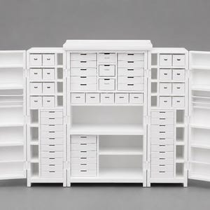 Op de afbeelding: Een witte houten opbergkast met talloze kleine lades en open schappen. De kast heeft twee openslaande deuren die naar buiten opengaan, waardoor extra opbergvakken op de binnenpanelen en een centraal gedeelte zichtbaar worden.