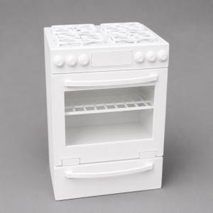 May include: A white miniature stove with four burners, knobs, and an oven with a see-through door. The oven has a shelf inside. A drawer is located below the oven. The stove is a toy or decorative item.