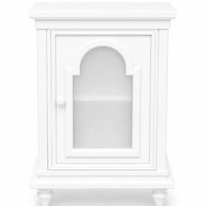 May include: A white cabinet with a single door and a glass panel. The door has an arched top and a small round knob. The cabinet stands on four decorative feet. The design is simple and elegant.