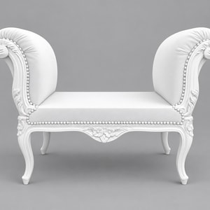 May include: A white upholstered bench featuring two high, rolled arms and a flat seat. The wooden frame displays carved floral details along the apron and legs, while the edges are accented with a row of small, round, white nailhead trim.