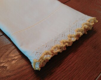 Vintage Embroidered Yellow Pillowcase -Vintage Pillowcases - Vintage Linens - Cottage - Farmhouse - Vintage Bedding