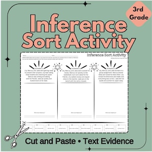 May include: A worksheet titled "Inference Sort Activity" for 3rd grade. The worksheet has three scenarios with text, and prompts for students to identify clues. Includes scissors graphic and the words "Cut and Paste • Text Evidence".