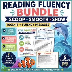 Op de afbeelding: Kleurrijke educatieve afbeelding voor een "Reading Fluency Bundle". Het bevat een dolfijn- en clownvisillustratie, met tekst over leesvaardigheid. Bevat passages voor leerlingen van groep 2-4.