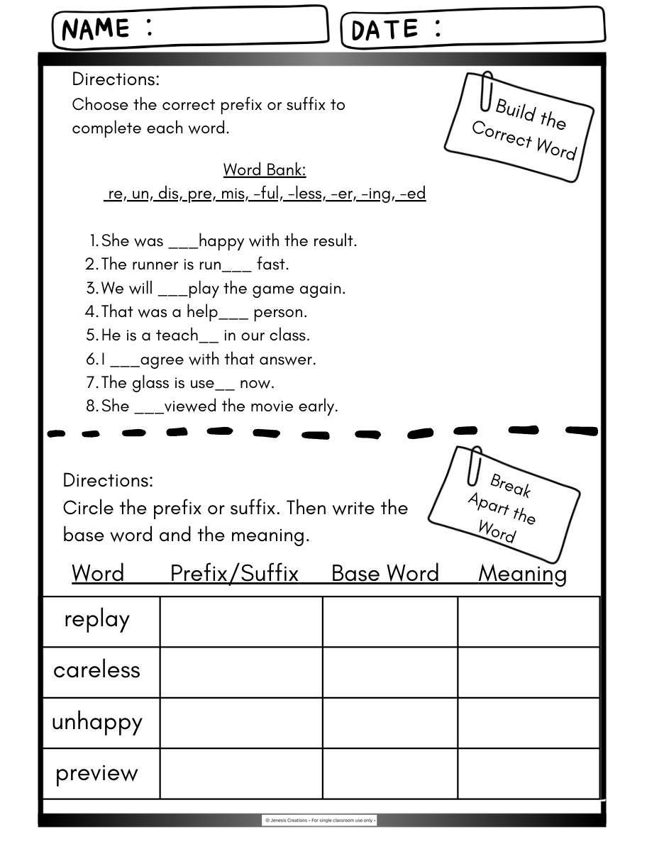 Prefix and Suffix Worksheets 3rd Grade Vocabulary Practice Word Work ...