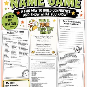 May include: A colorful educational printable pack for grades 2-5, featuring a taco theme. Includes a "Taco Test Name Game" with worksheets, power words, and a shout-out activity. The design incorporates taco illustrations and playful text.