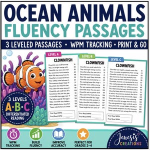 May include: Educational poster titled "Ocean Animals Fluency Passages" with three reading levels, featuring a cartoon clownfish. Includes text about clownfish and sea anemones, with "WPM Tracking" and "Print & Go" labels.