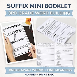Puede incluir: Un mini folleto blanco titulado "Suffixes" con una ilustración de lápiz. El folleto está abierto, mostrando secciones para completar. Páginas adicionales muestran ejercicios de construcción de palabras con ejemplos como "EST - most" y "ABLE - between".