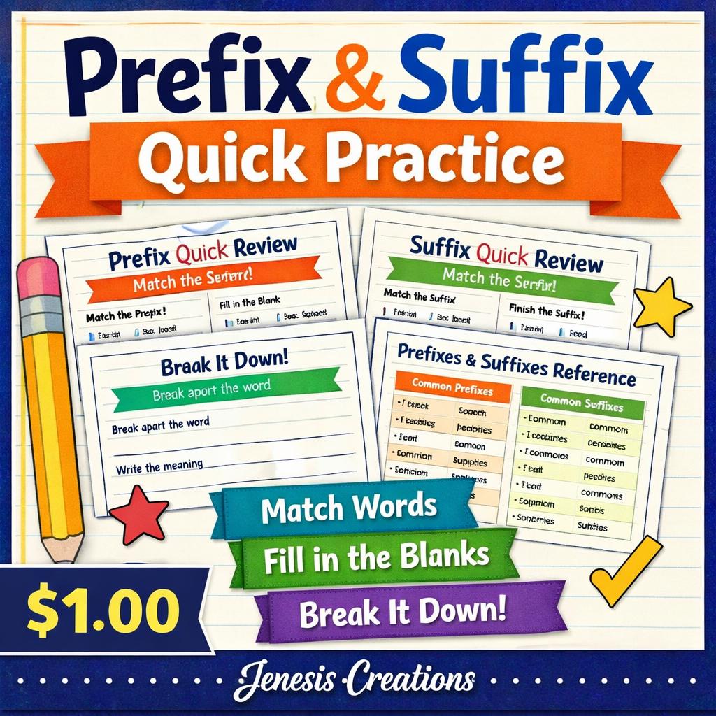 Prefix and Suffix Worksheets 3rd Grade Vocabulary Practice Word Work ...