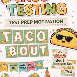 Könnte beinhalten: Eine farbenfrohe Illustration mit den Wörtern "TACO TESTING" und "TACO BOUT" in großen Buchstaben. Das Bild enthält Taco-Grafiken, motivierende Sätze und den Text "TEST PREP MOTIVATION". Die Wörter "Posters, Letters, Decor" sind ebenfalls vorhanden.