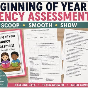 Op de afbeelding: Een set voor leesvloeiendheidstoetsing aan het begin van het jaar met een roze map, voortgangsbladen en drie leesniveaus voor groep 4-6. Bevat de tekst: Beginning of Year Fluency Assessment.
