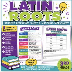 May include: A Latin Roots educational resource set featuring a student reference sheet and a matching worksheet. The design includes a stack of three books, a yellow lightbulb icon, and a list of eight Latin roots with definitions and examples.