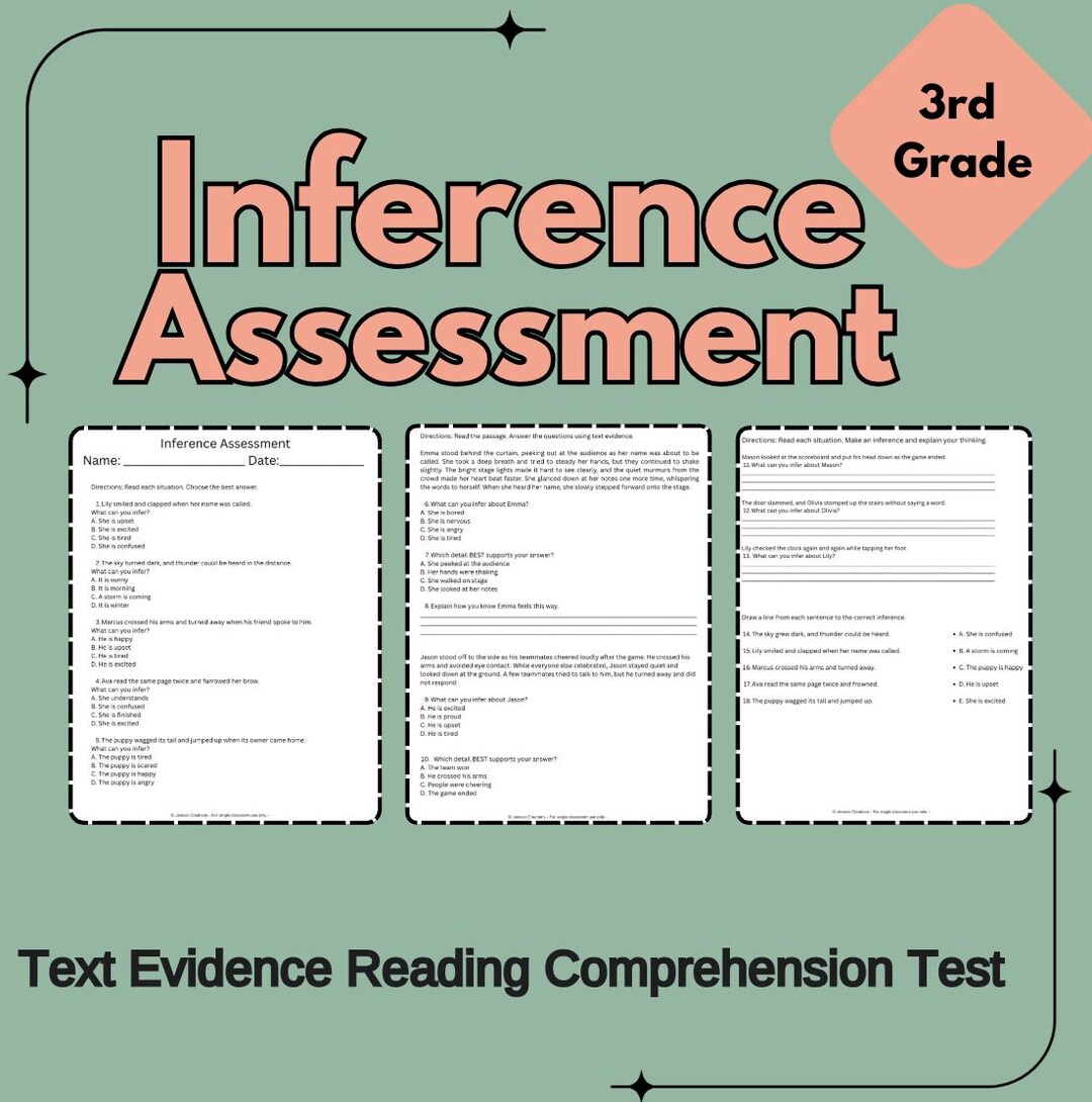 Inference Assessment 3rd Grade Reading Comprehension Test Text Evidence ...