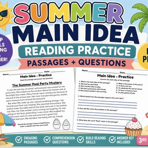 Könnte beinhalten: Ein farbenfrohes Arbeitsblatt mit dem Titel "Summer Main Idea Reading Practice" mit Texten und Fragen. Das Design umfasst eine Sonne mit Sonnenbrille, eine Palme und Illustrationen zum Thema Strand. Der Text enthält "Keep Skills Strong All Summer!" und "3rd Grade".