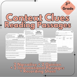 Peut inclure: Ensemble de fiches pédagogiques pour la compréhension de lecture en 3e année, avec des indices contextuels et des passages de lecture. Le titre "Context Clues Reading Passages" est en rose. Comprend des passages narratifs, d'opinion et d'information, et une feuille d'enregistrement.