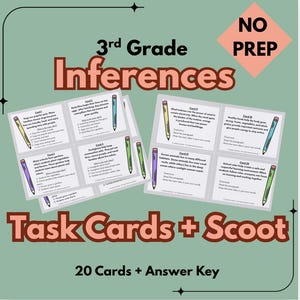 May include: A set of educational task cards for 3rd grade inferences. The cards are white with colorful pencil illustrations and text. The title "3rd Grade Inferences" is in a large, brown font. The set includes 20 cards and an answer key.