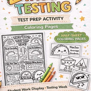 Op de afbeelding: Een kleurrijke educatieve poster met de woorden "TACO TESTING" en "TEST PREP ACTIVITY" boven kleurplaten. Bevat taco-thema illustraties, potloden en de tekst "Student Work Display Testing Week."