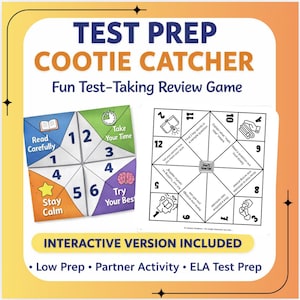 May include: A colorful "Test Prep Cootie Catcher" game with the text "Fun Test-Taking Review Game." The game includes instructions and prompts for test preparation. The design features a folded paper fortune teller with numbered sections and interactive elements.